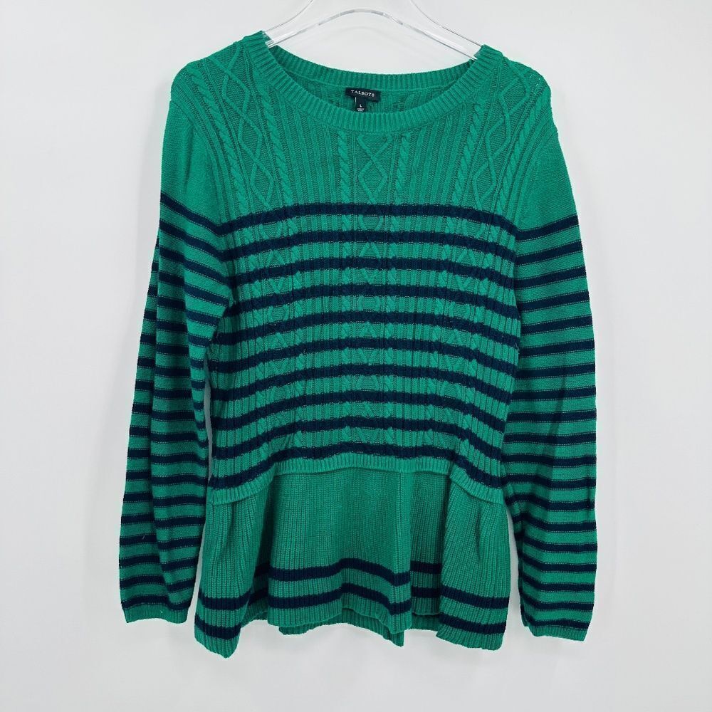 Talbots Size Large Navy Blue & Green Striped Peplum Cable Knit Sweater Top